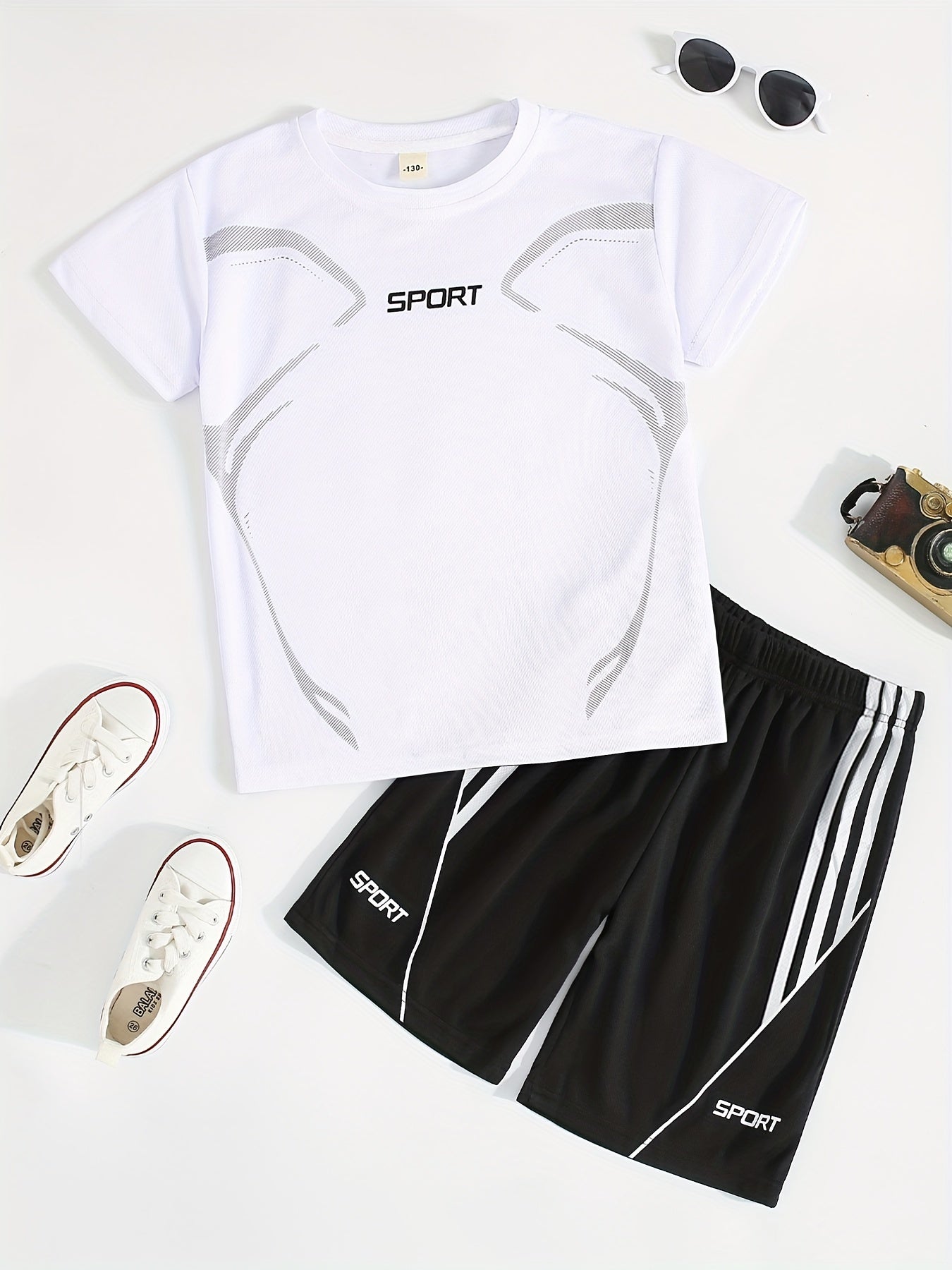2pcs Boy's "Sport" Outfit Short Sleeves Round Neck T-shirt & Shorts Casual For Summer Daily And Outdoor Wear