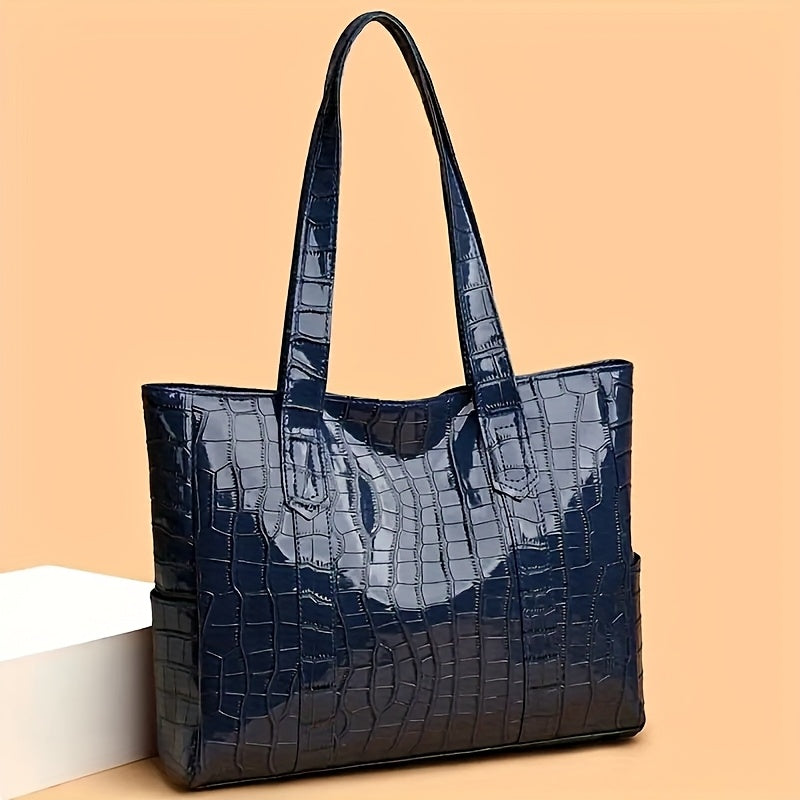 Stylish White Crocodile-Textured Tote Bag with Golden-Tone Hardware - Large Capacity, Durable, Perfect for Commuting, Shopping, and Travel, Travel Tote Bag | Elegant Tote Bag | Durable Tote
