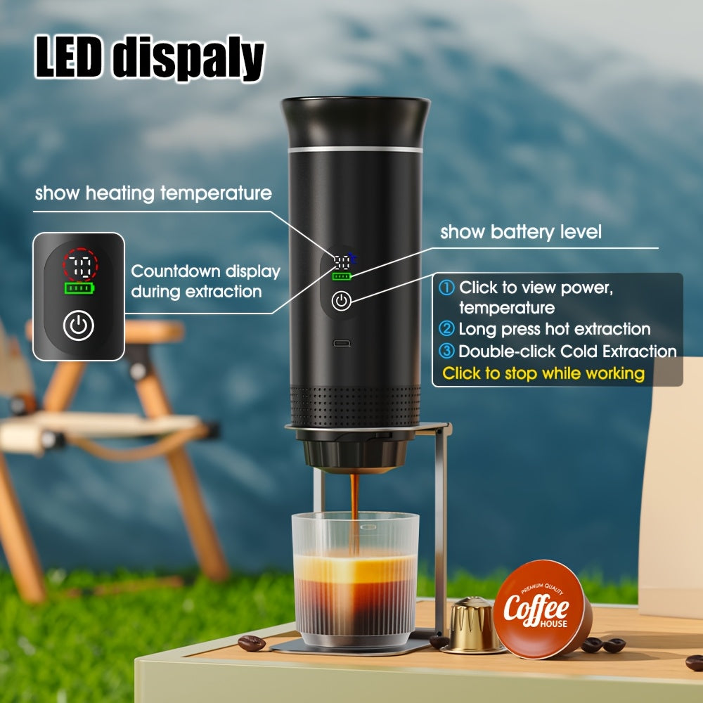 2025 Upgrade Portable Espresso Machine with Temperature and Battery Display, Type-C Charging, Automatic Heating, Hot and Cold Beer, Compatible with Ground and Capsules, Ideal for RV, Hiking, Office