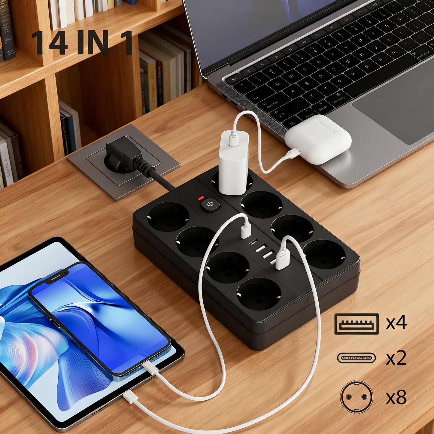 1pc 14-in-1 Surge Protector Power Strip with USB Chargers, 4 USB-A Ports & 2 USB-C Ports, 8 AC Outlets, Compact Desktop Charger Wall Mount, European Standard Plug, 220-240V, Ideal for Office, School, and Dormitory Use, Office