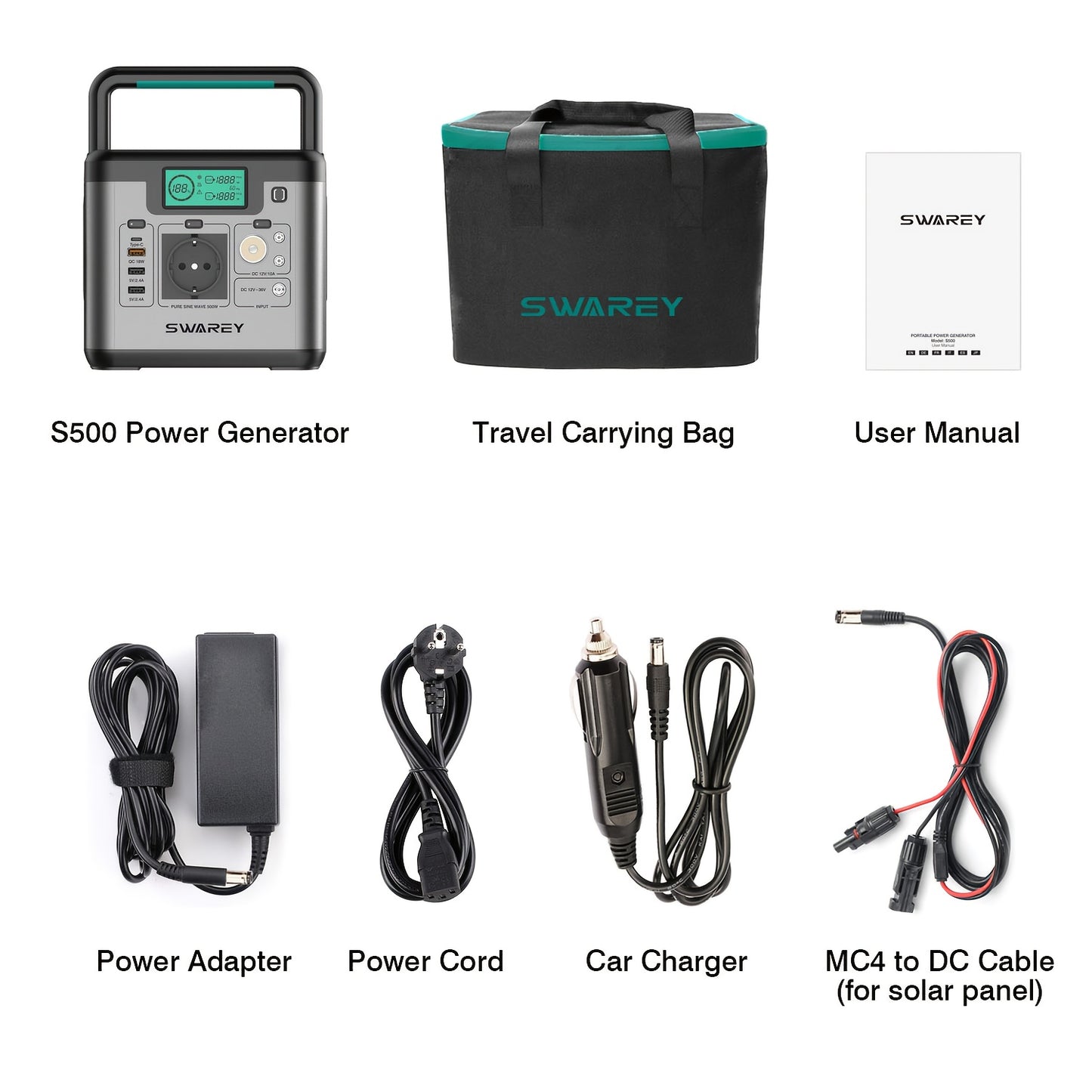 SWAREY Portable Power Bank with 200W Solar Panel, Power Station 518 Wh, Solar Generator 500W AC Output, 65 W USB-C Port, Power Generator Battery for Party, Travel, Camping, Motorhome, Emergency