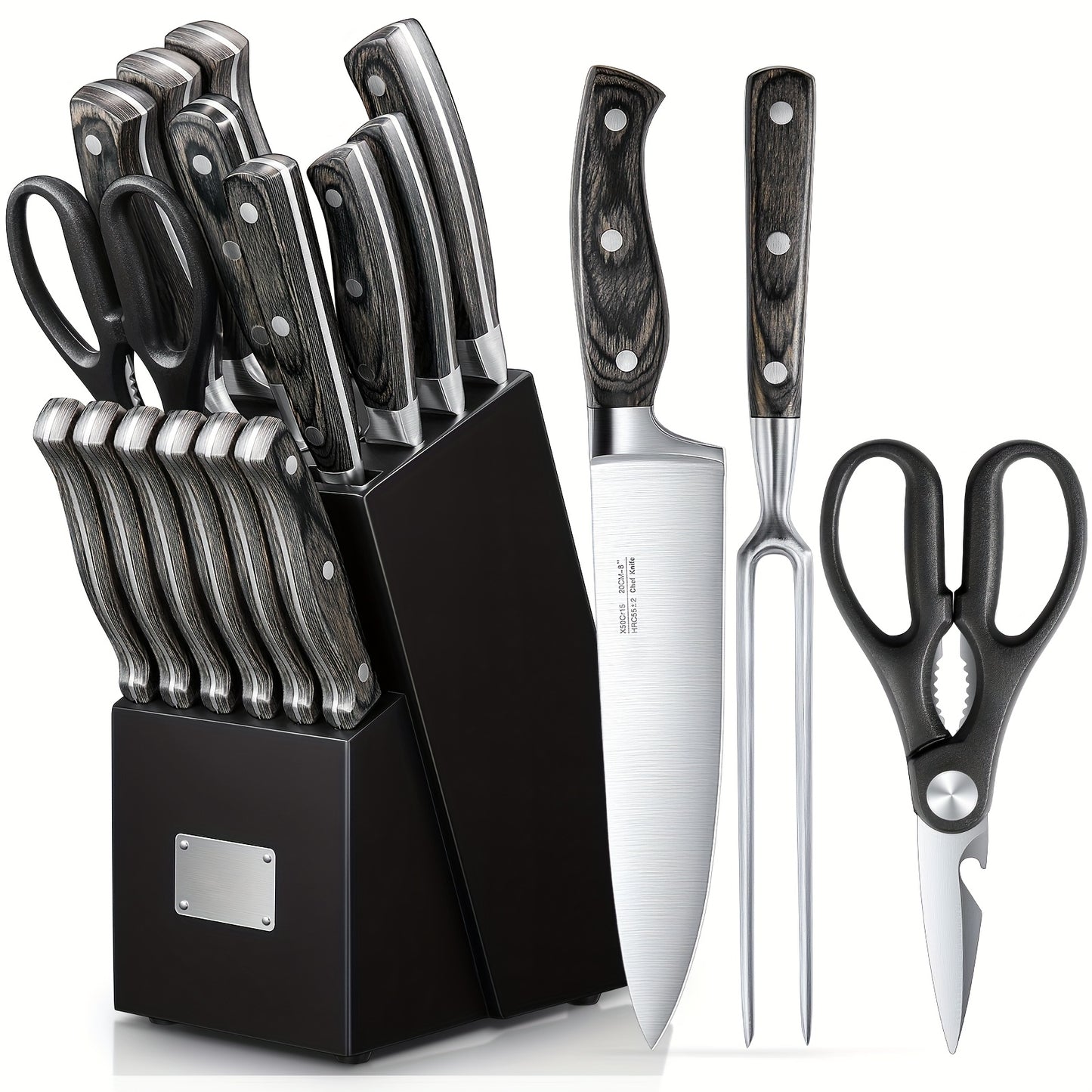 16pcs Knife Set, With Wooden Handle, Stainless Steel Chef'S Knife Set With Wooden Block, Professional Kitchen Knife With Sharpening Steel, Ideal Christmas Gift For Mother, Friend, Brown/Black