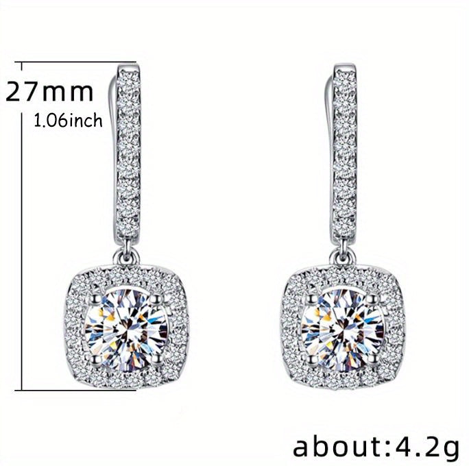 Sterling 925 Silver Ear Jewelry Square Shape Shiny zirconia Decor Dangle Earrings Luxury Style Banquet Party Ear Ornaments