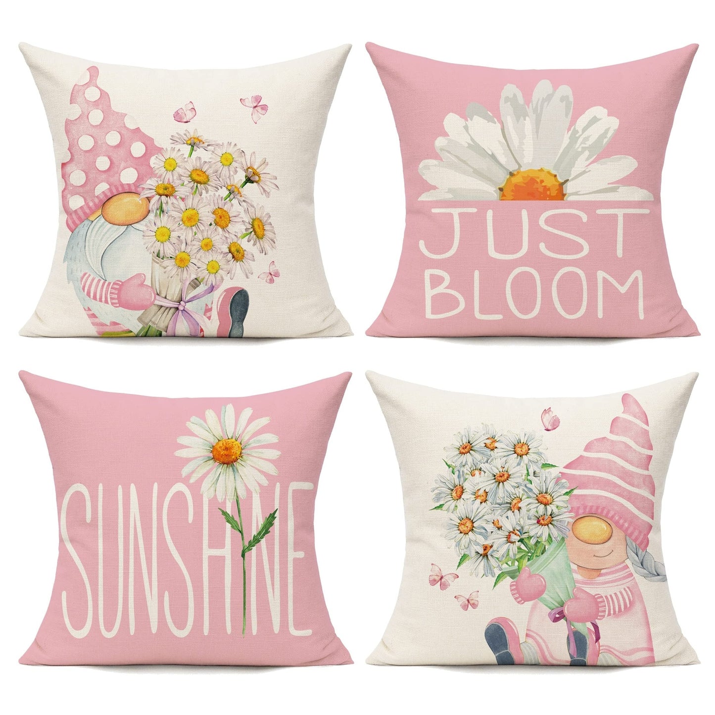 4pcs Daisy Flower Gnome Pattern Spring Throw Pillow Covers, For Home Couch Patio Furniture Bench Sofa Porch Decor, No Pillow Insert, 45.72*45.72cm