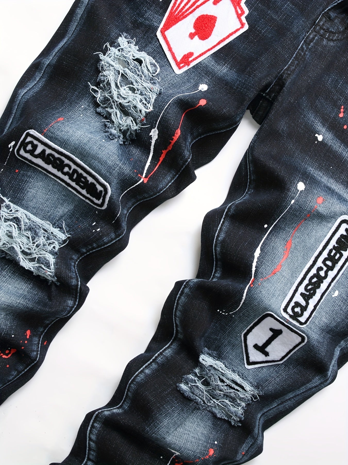 Patch Splatter Ripped Jeans, Men's Casual Street Style Distressed Slim Fit High Stretch Denim Pants For Spring Summer