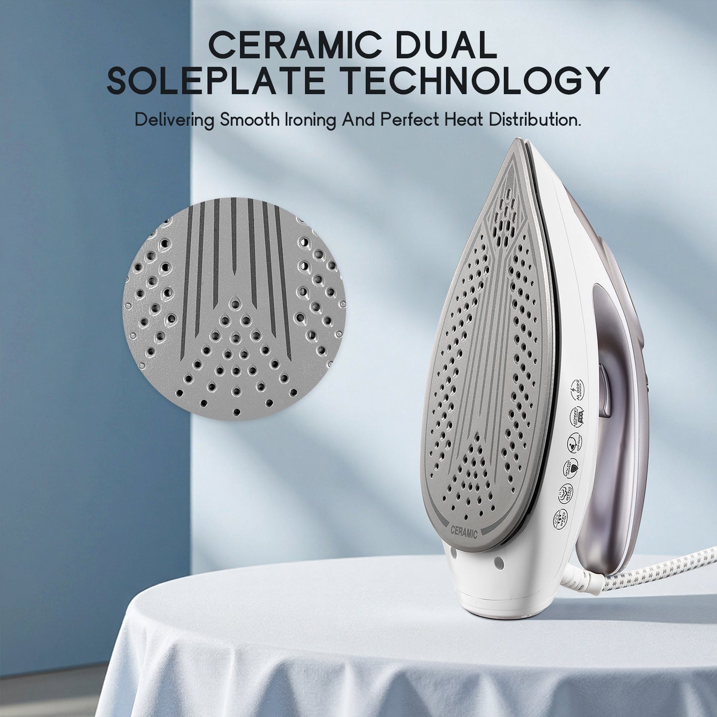 Steam Station Iron Offers 5.5 Bar Pressure, a 1.5L Water Tank, Ceramic Soleplate, Anti-Limescale Function, Vertical Steaming, Three Temperature Settings, Cord Storage, And 2400W Power. Available in Light Purple.