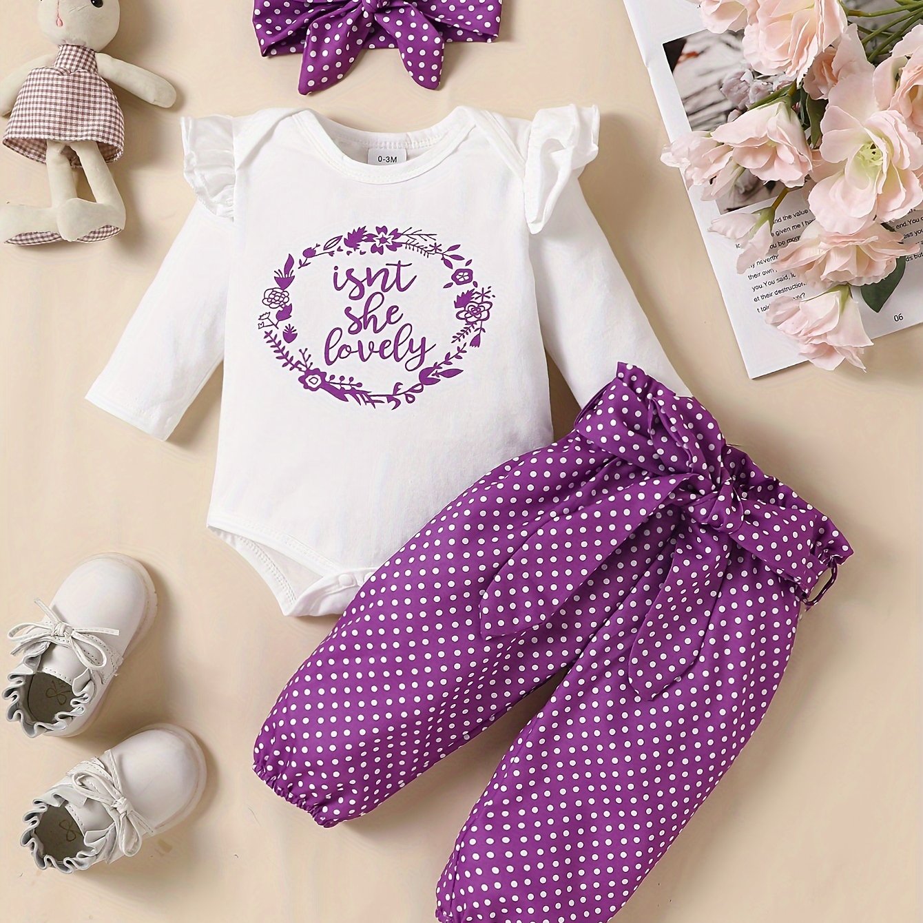 2pcs Baby Girl's Stylish Set, "Isn't She Lovely" Print Long Sleeve Onesie + Polka Dot Pants, Comfy Trendy Outfit