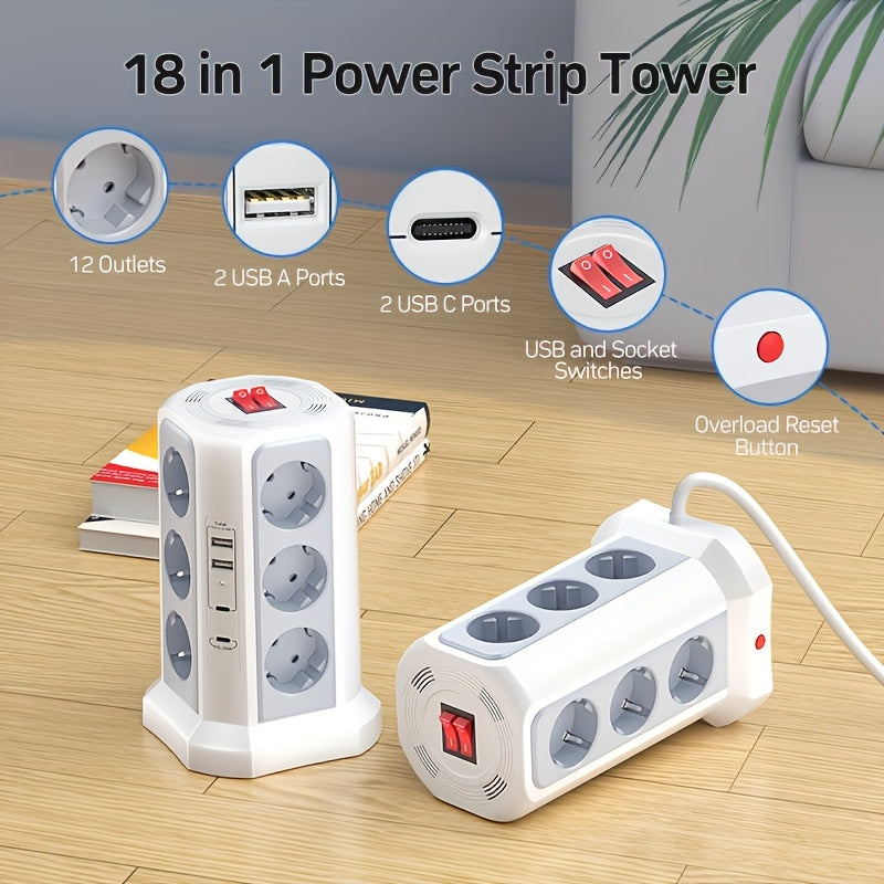 EU Multifunctional Power Tower Plug with 2 USB A Ports And 2 USB C Ports, HAFINO Triple 12-position Multi-socket Power Strip with PD 20W Fast Charging (4000W 16A) for Home And Office Scenarios