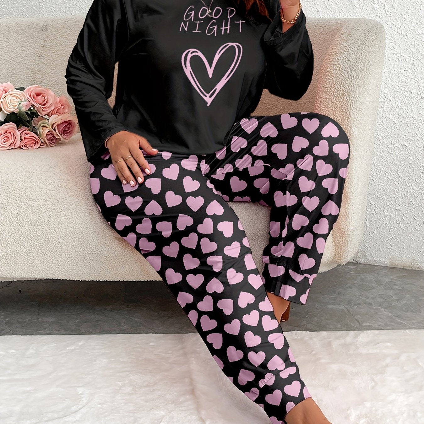 Women's Comfort Plus Size Heart Print Pajama Set - Long Sleeve and Pants, Soft Polyester Loungewear, Machine Washable, Autumn, Oversized, Heart Pattern, Long Sleeve Sleepwear Set