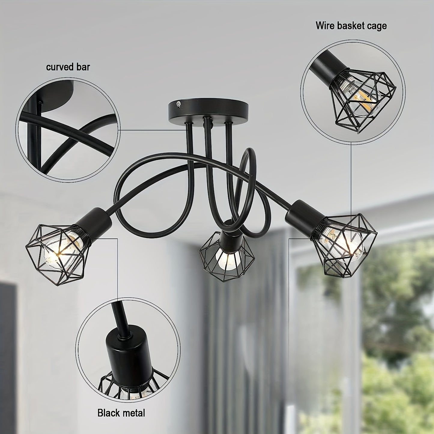 1pc Industrial 3 Way Ceiling Light, Hanging Light, Semi Flush Mount E14 Base, Black Metal Cage 3 Lights, Bedroom, Living Room, Dining Room, Hallway, Ceiling Light Fixture (Bulb Not Included)