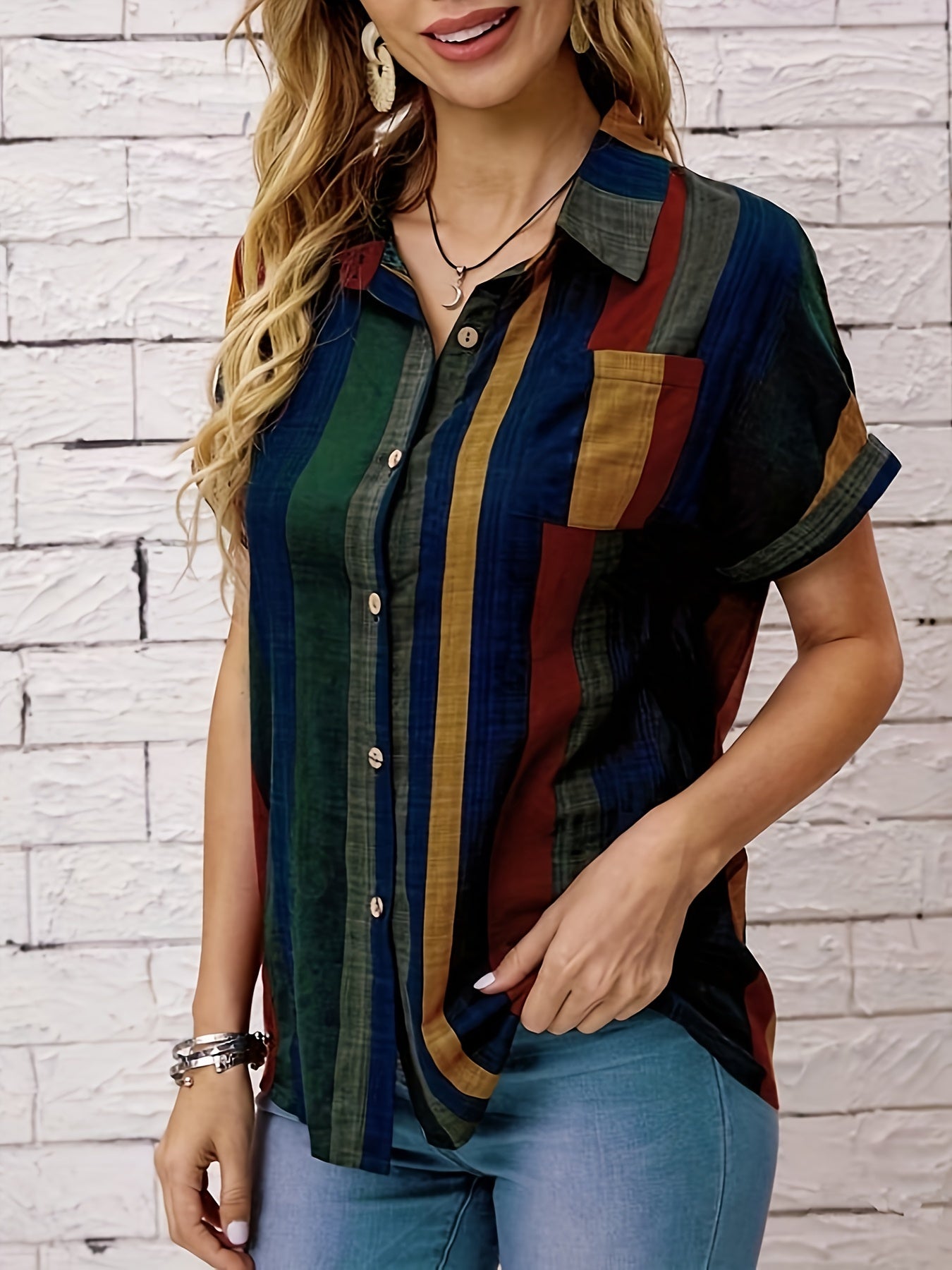 Striped Print Button Front Blouse, Vintage Short Sleeve Blouse For Spring & Summer, Women's Clothing