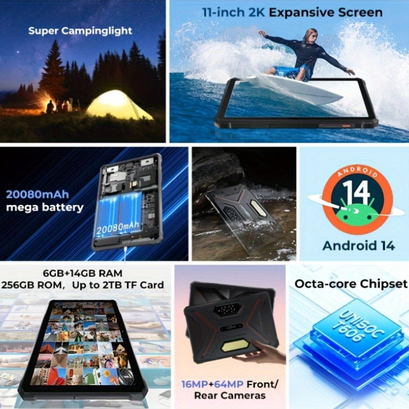 HOTWAV R9 Pro 11inch 2K FHD+Display Tablet, Android 14, 20080mAh 20GB (6GB+14GB Expandable)+256GB (2TB TF) Outdoor Tablet, 64MP Rear Main Camera, 16MP Front Camera, Octa-core/Dual SIM 4G, IP6X & IPX8 High Quality Tablet, Dual