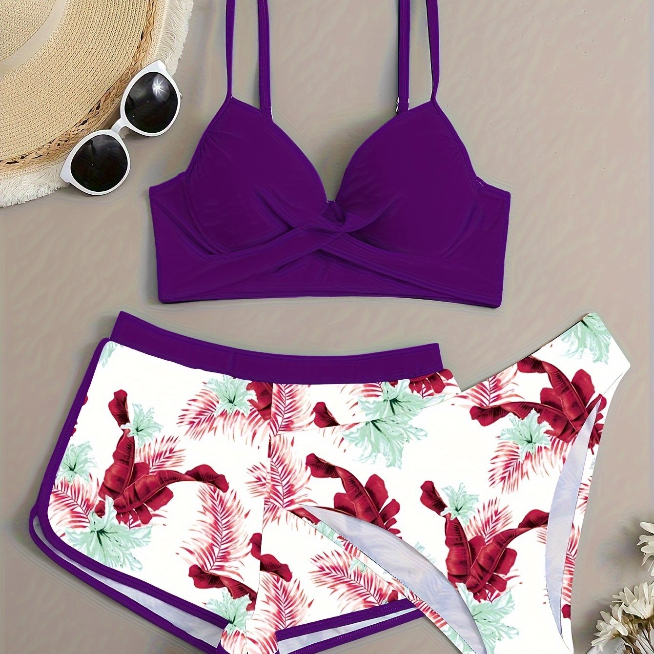 Floral Leaf Print Stretchy 3 Piece Set Swimsuits, Cross Spaghetti Strap Push Up Bikini & Boxer Shorts, Women's Swimwear & Clothing
