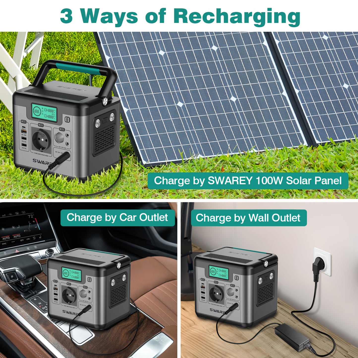 SWAREY Portable Power Bank, Power Station 518 Wh, Solar Generator 500 W AC Output, 65 W USB-C Port, Power Generator Battery for Party, Travel, Camping, Motorhome, Emergency