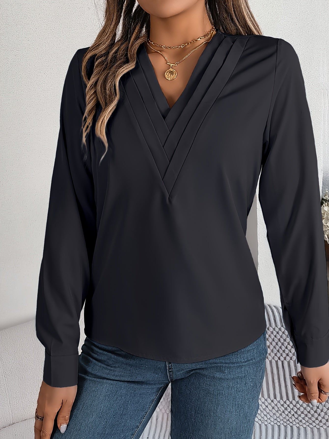 Women'S Elegant V-Neck Long Sleeve Shirt, Solid Color Polyester Blouse with Triple V-Cut, 95% Polyester 5% Elastane, Woven Fabric, 120g/m², for Spring/Summer/Fall - Adult