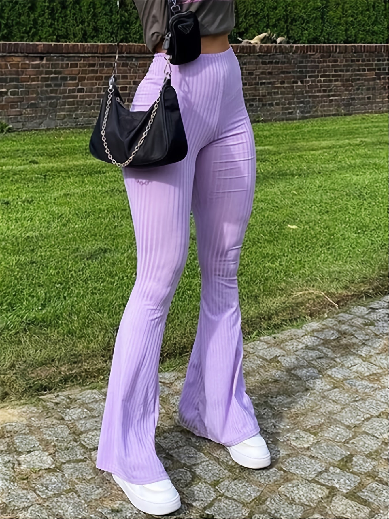 Striped Skinny Flared Leg Pants, Casual Stretchy High Waist Pants, Women's Clothing