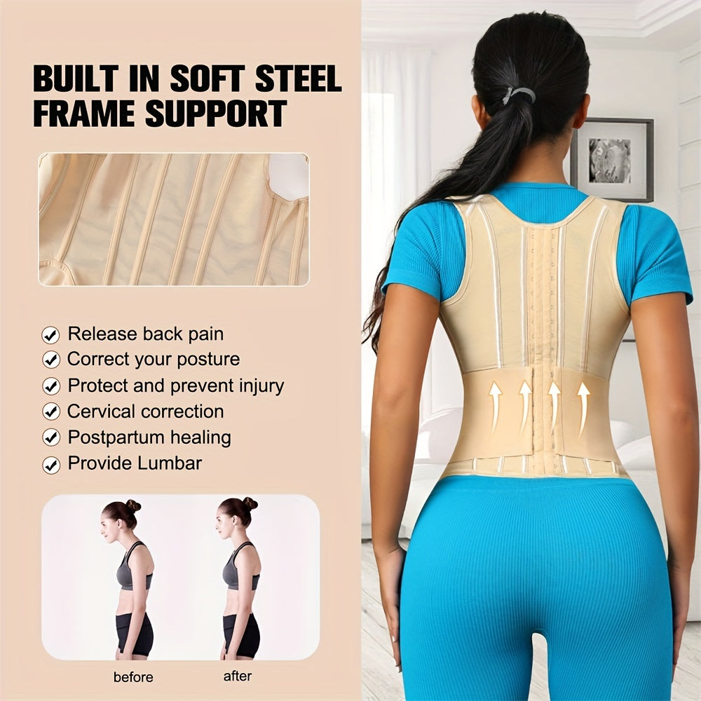 Polyamide Women's Waist Trainer Corset - Back Support with Dual Waist Straps, Adjustable Shoulder Straps, Hard Control Knit Fabric Cincher, Breathable with Steel Frame Support, 72.7% Polyamide 27.3% Elastane, Washable - 1 Pc