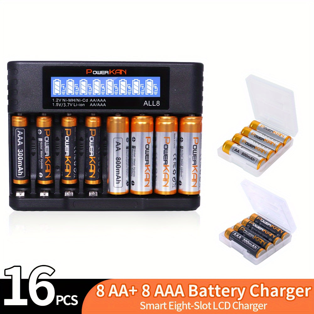 Set (battery + charger), PowerKAN 1.2V NiMH rechargeable AA & AAA Battery + ALL8 charger, high quality battery rechargeable discharge cycle, 800mAh AAx8 & 300mAh AAAx8 combination, with 5V 2A USB fast charging LCD charger