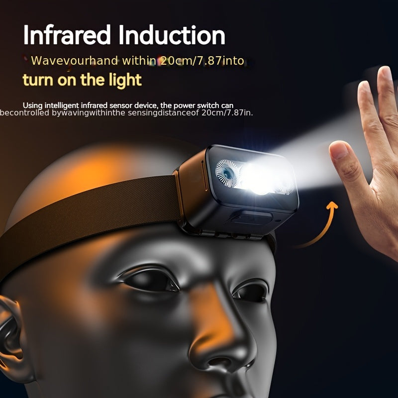 For PHILIPS Bionic Design Night King LED Headlamp with Intelligent Infrared Sensing, 10 Lighting Modes, USB Rechargeable, Red & Blue Warning Light, Clip-On for Camping, Fishing, Hiking, Work, and Outdoor Activities, Hiking Ge