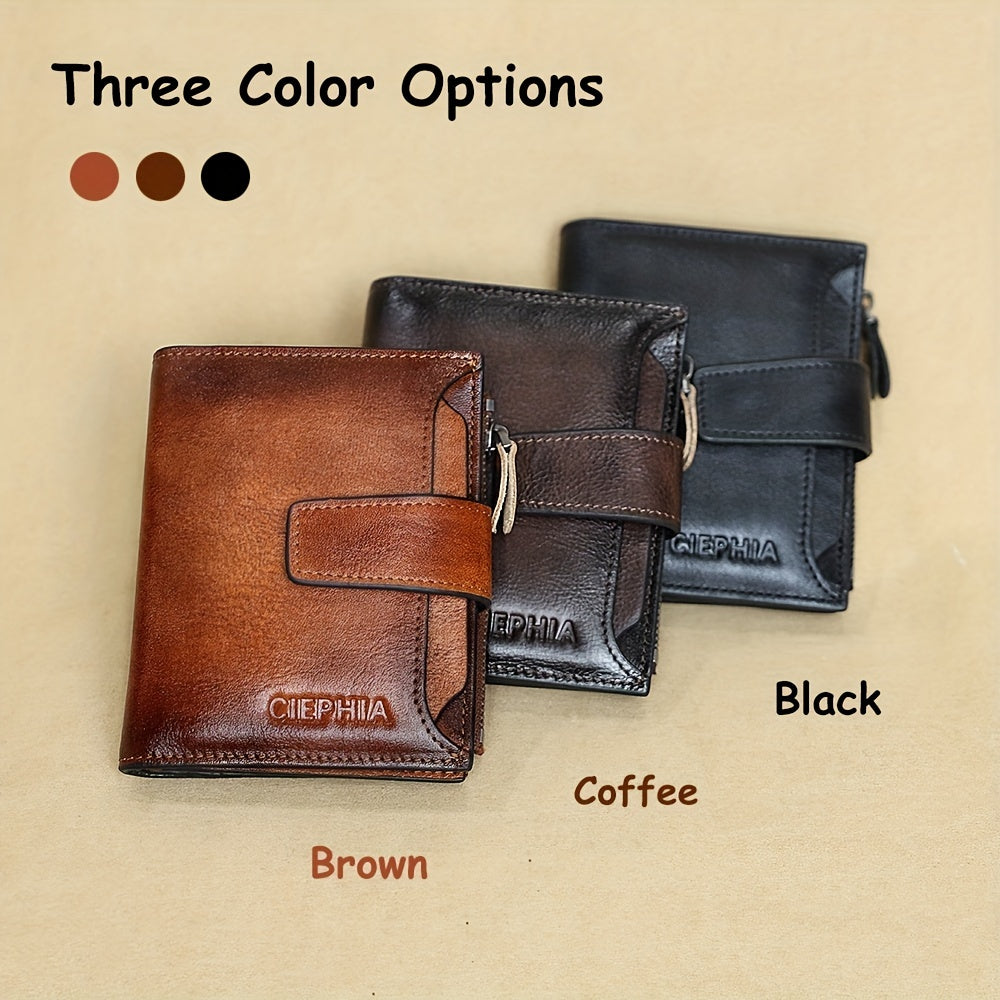 1pc CIEPHIA Men's Genuine Leather Wallet - RFID Blocking -Theft, Vintage Brown (Dark tan/, with Zipper Closure, 17-Card Holder, Coin Pocket, ID Window, Multi-Compartment - Heavy-Duty Full-Feature Wallet for Men, Ideal Gift fo