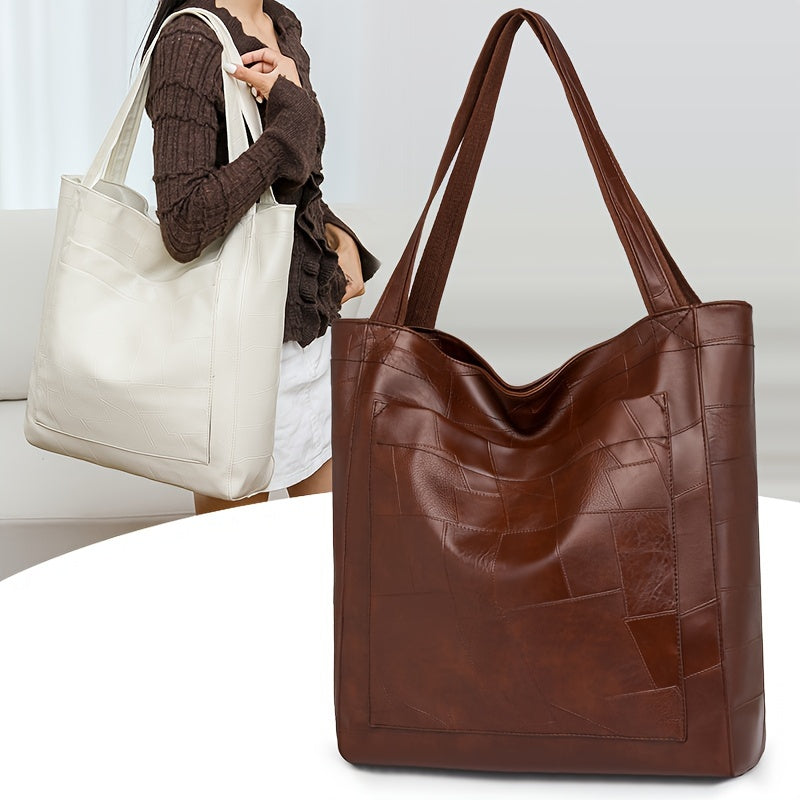 Women's Faux Leather Tote Bag with Magnetic Closure, Fixed Shoulder Straps, Solid Color, Polyester Lined, Edge Paint Detail, Suitable for Various Occasions
