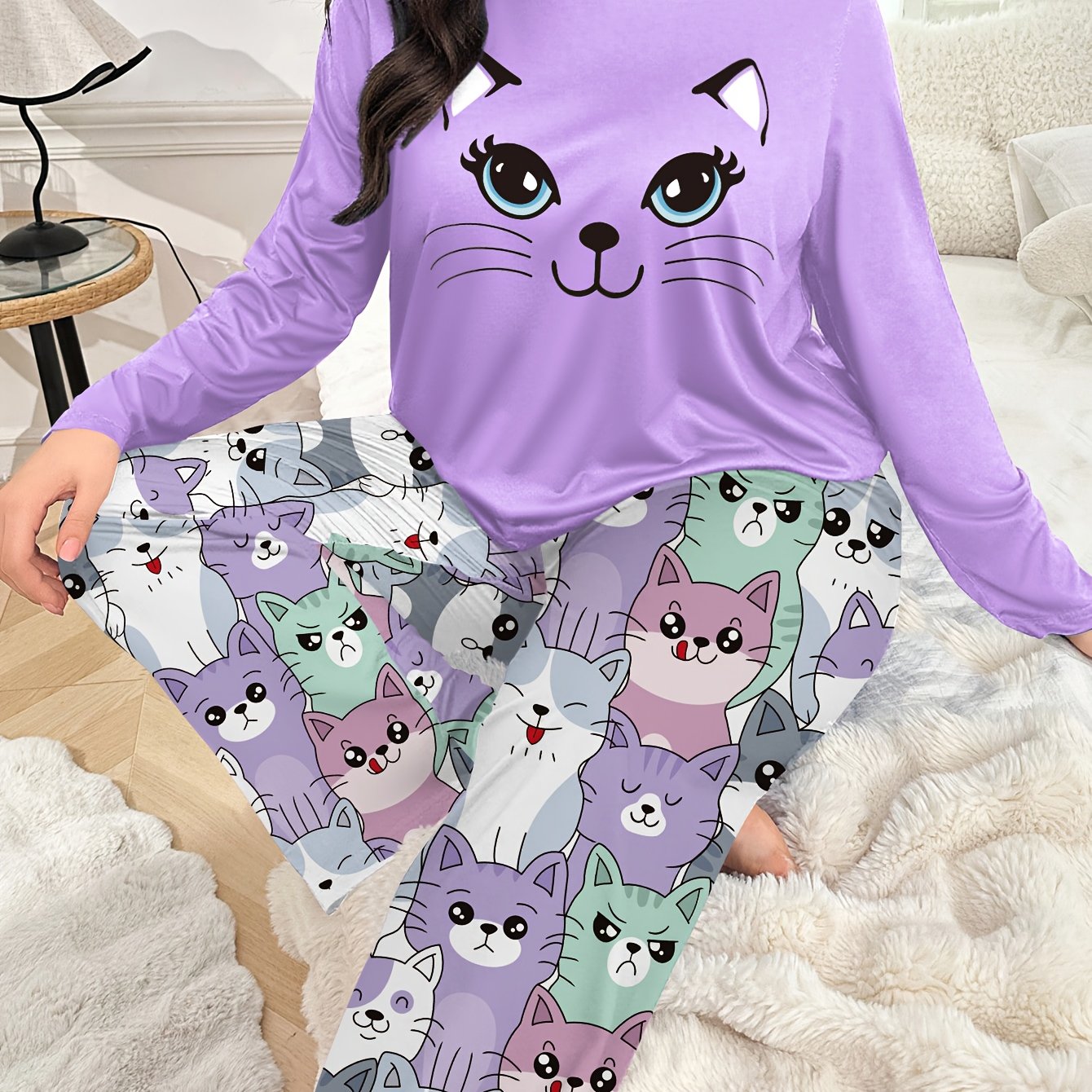 Plus Size - Plus Size Women'S Cozy Long Sleeve Pajama Set with Adorable Print - Soft Purple &, All-Season Comfort, Casual Home Wear, Perfect for Fall & Winter