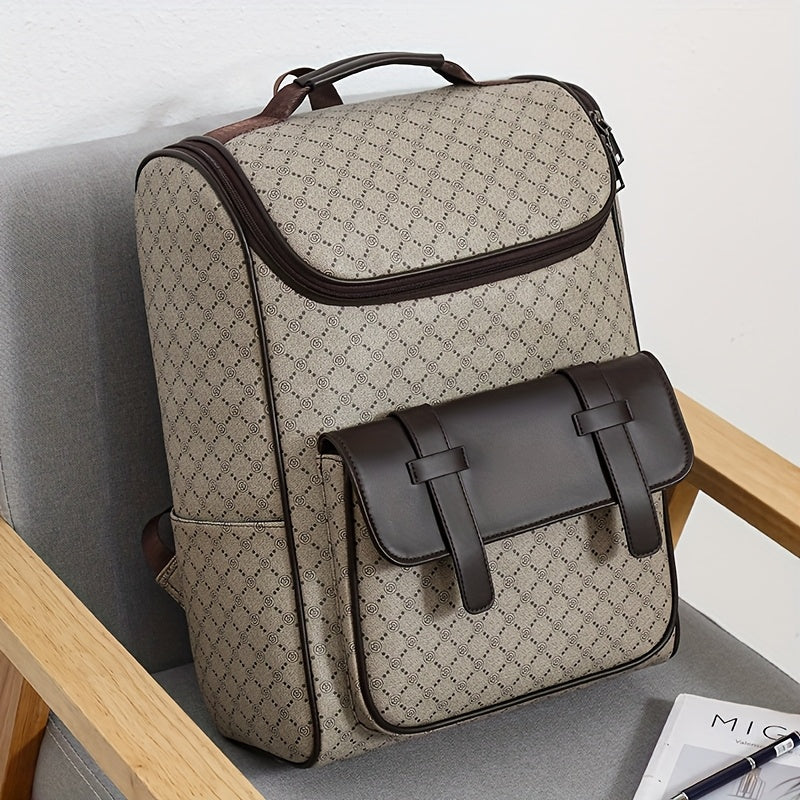 LUMG Men'S Casual Large Capacity Laptop Backpack - Brown & Beige Check Pattern, Durable, Multiple Compartments with Zipper Pockets, Ideal for Commuting, Travel, and Everyday Use, Everyday Backpack|Casual Style Backpack|Functi