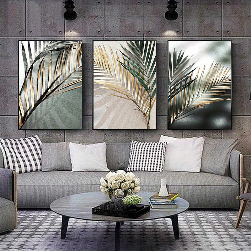 Conjunto de 3 peças de arte de parede botânica nórdica - Pintura em tela com folha de palmeira dourada - Decoração escandinava - Decoração para casa - Sem moldura