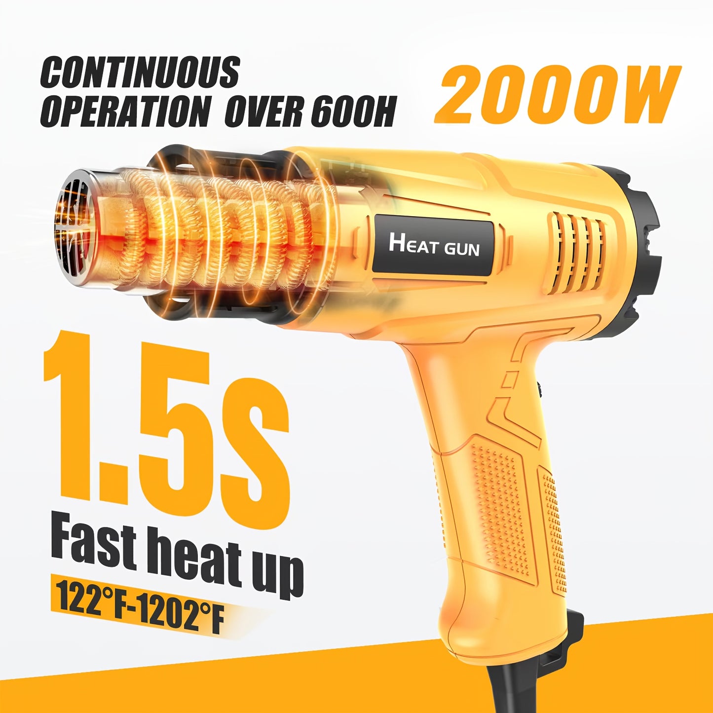 Professional 2000W electric heat gun with adjustable temperature control, 1.5S fast heating, 122°F-1202°F range, ideal for soldering and welding, automotive and construction use, European standard plug, 220-240V, soldering heat