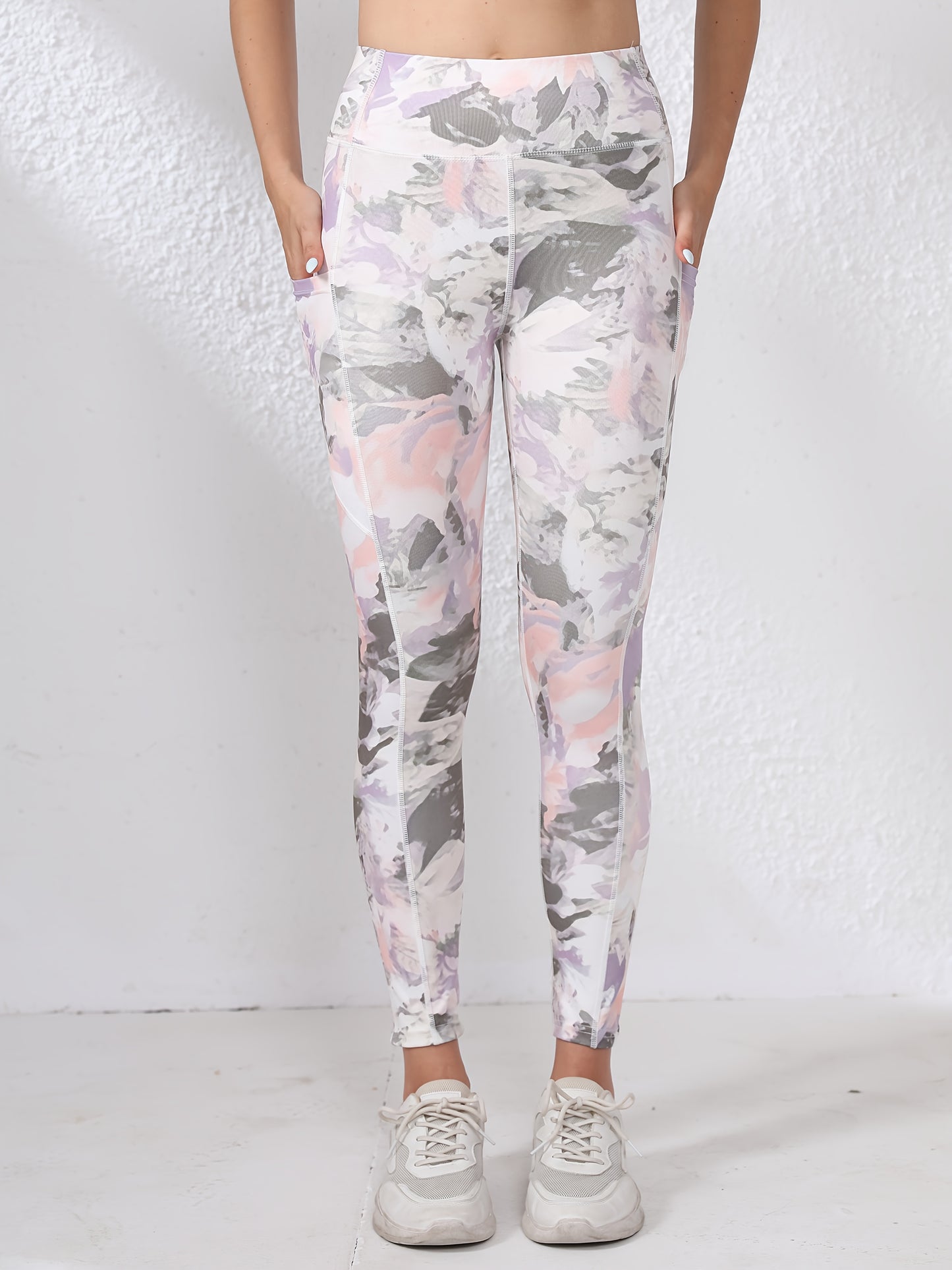 Women's High-Waisted Yoga Leggings with Pockets - Tummy Control Butt-Lifting Workout Pants, Floral Print, Stretchy Polyester/Elastane Blend, Machine Washable for Gym, Running & All-Season Wear