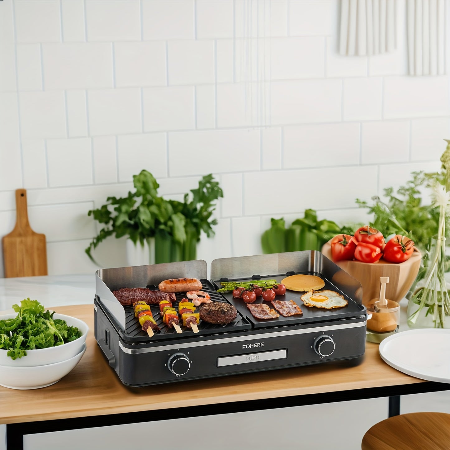 2400W Electric Indoor Grill Griddle with large 25x30cm nonstick plates, 2-part adjustable temperature control, pancake and egg maker, drip tray and indicator light - Portable stainless steel flat top grill for kitchen, camping, etc.