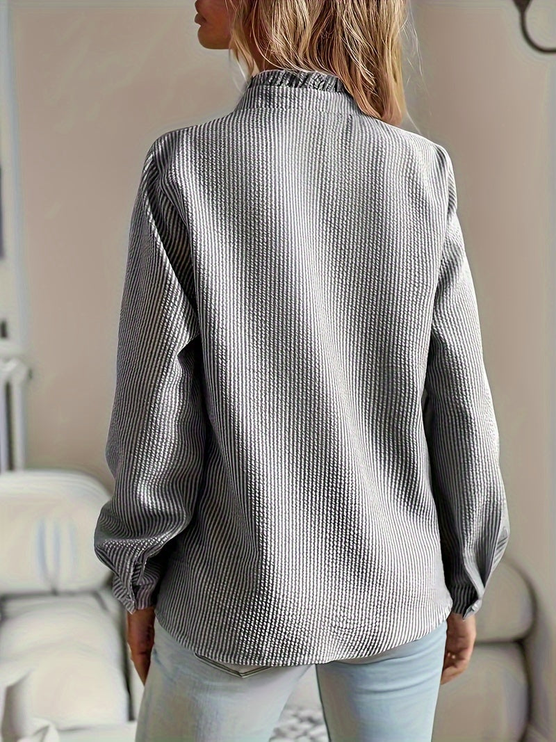 Striped Print Ruffle Trim Blouse, Elegant Long Sleeve Button Front Blouse For Spring & Fall, Women's Clothing
