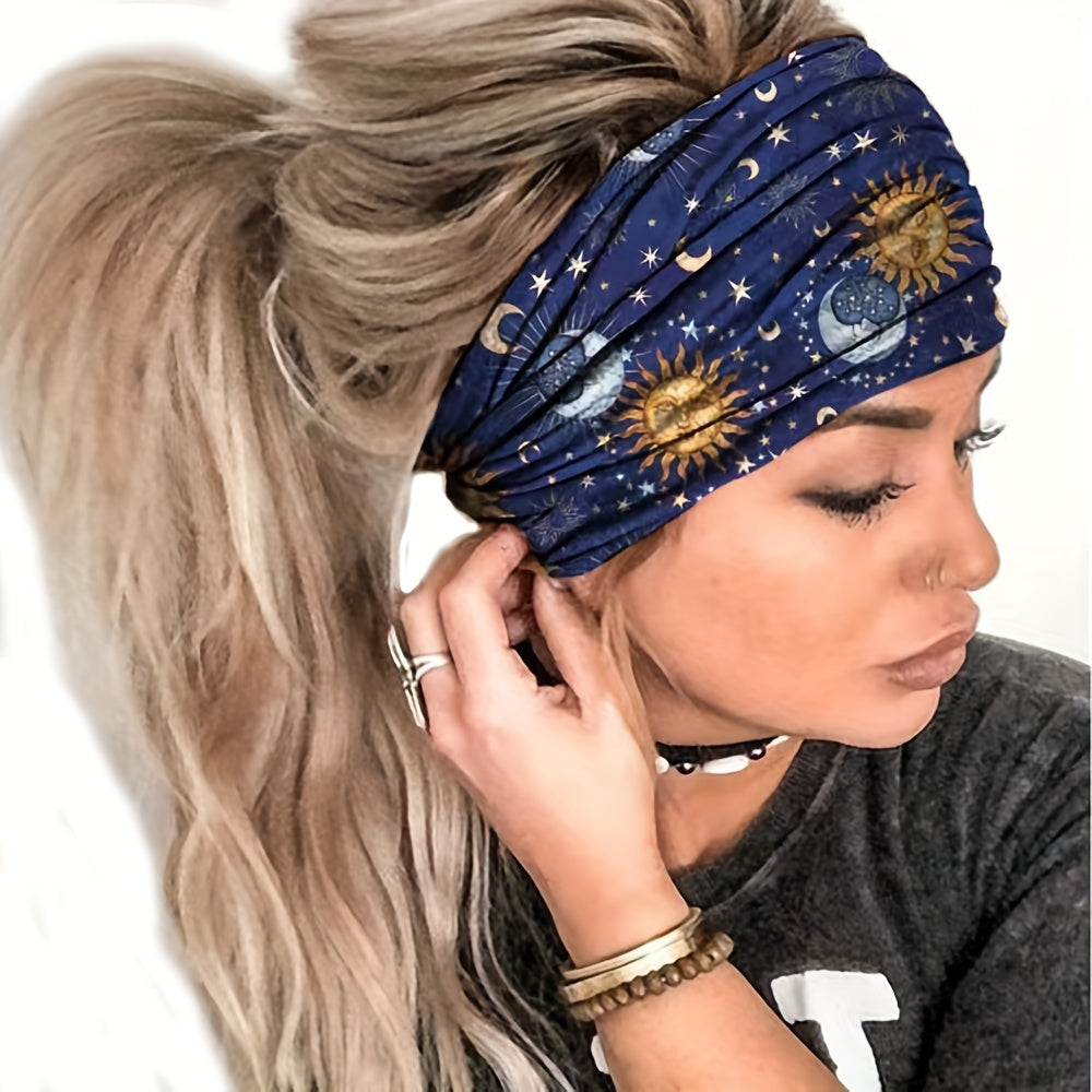 Boho Headband Sun Moon Printed Hair Band Wide Stretchy Sweatband For Yoga Running Headdress For Women
