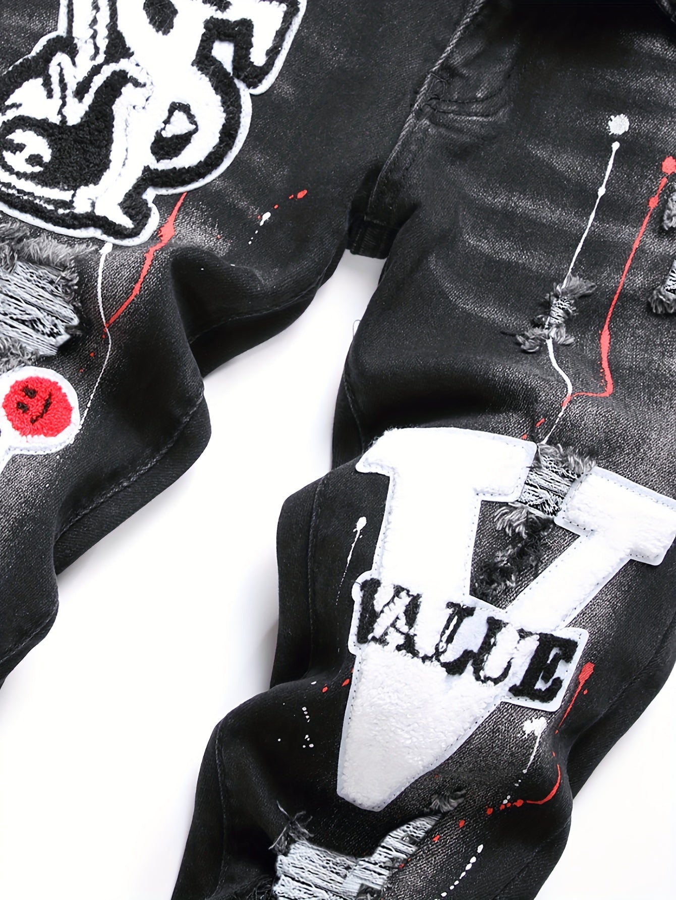 Patch Splatter Ripped Jeans, Men's Casual Street Style Distressed Slim Fit High Stretch Denim Pants For Spring Summer