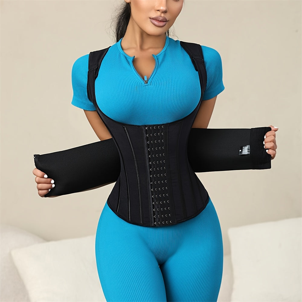 Polyamide Women's Waist Trainer Corset - Back Support with Dual Waist Straps, Adjustable Shoulder Straps, Hard Control Knit Fabric Cincher, Breathable with Steel Frame Support, 72.7% Polyamide 27.3% Elastane, Washable - 1 Pc