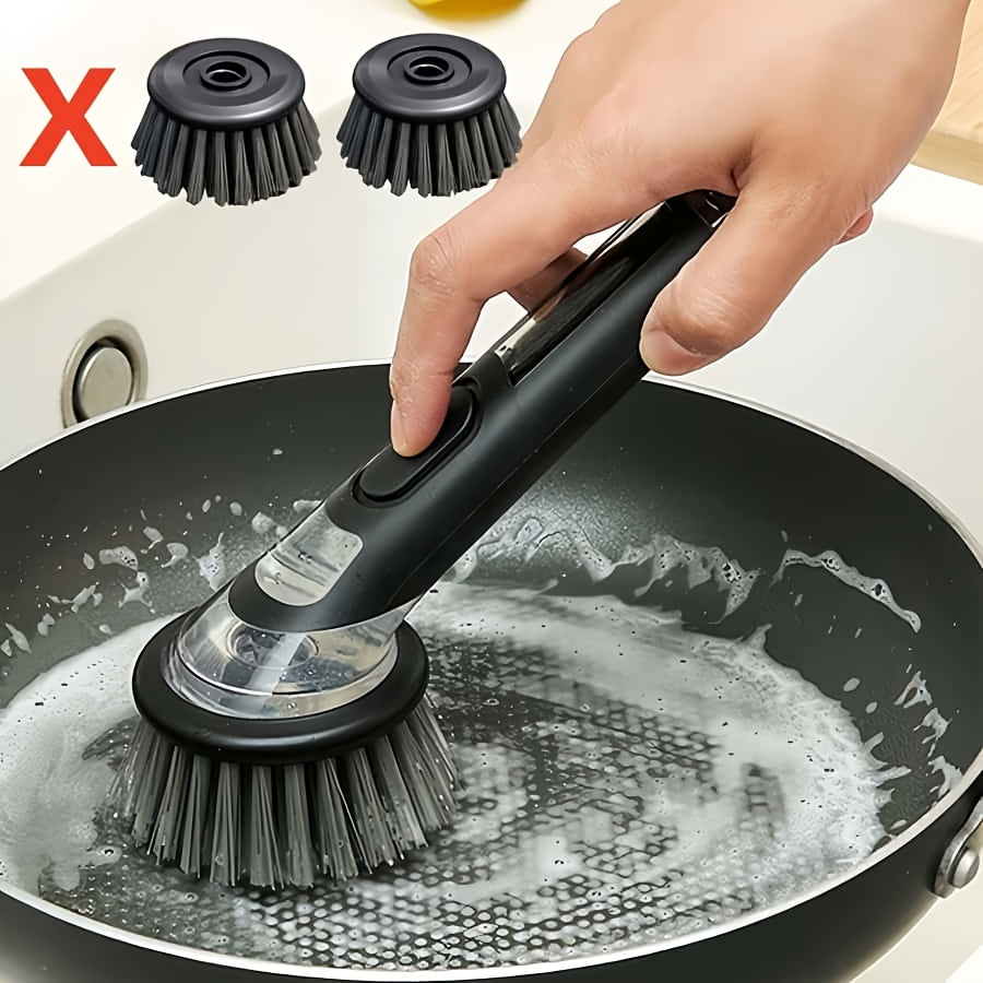 Long Handle with Built-In Soap Dispenser Brush, Paired with 2 Replacement Brushes, Easy to Clean Kitchen Brush - Durable Plastic Dishwashing Brush, Efficient Cleaning