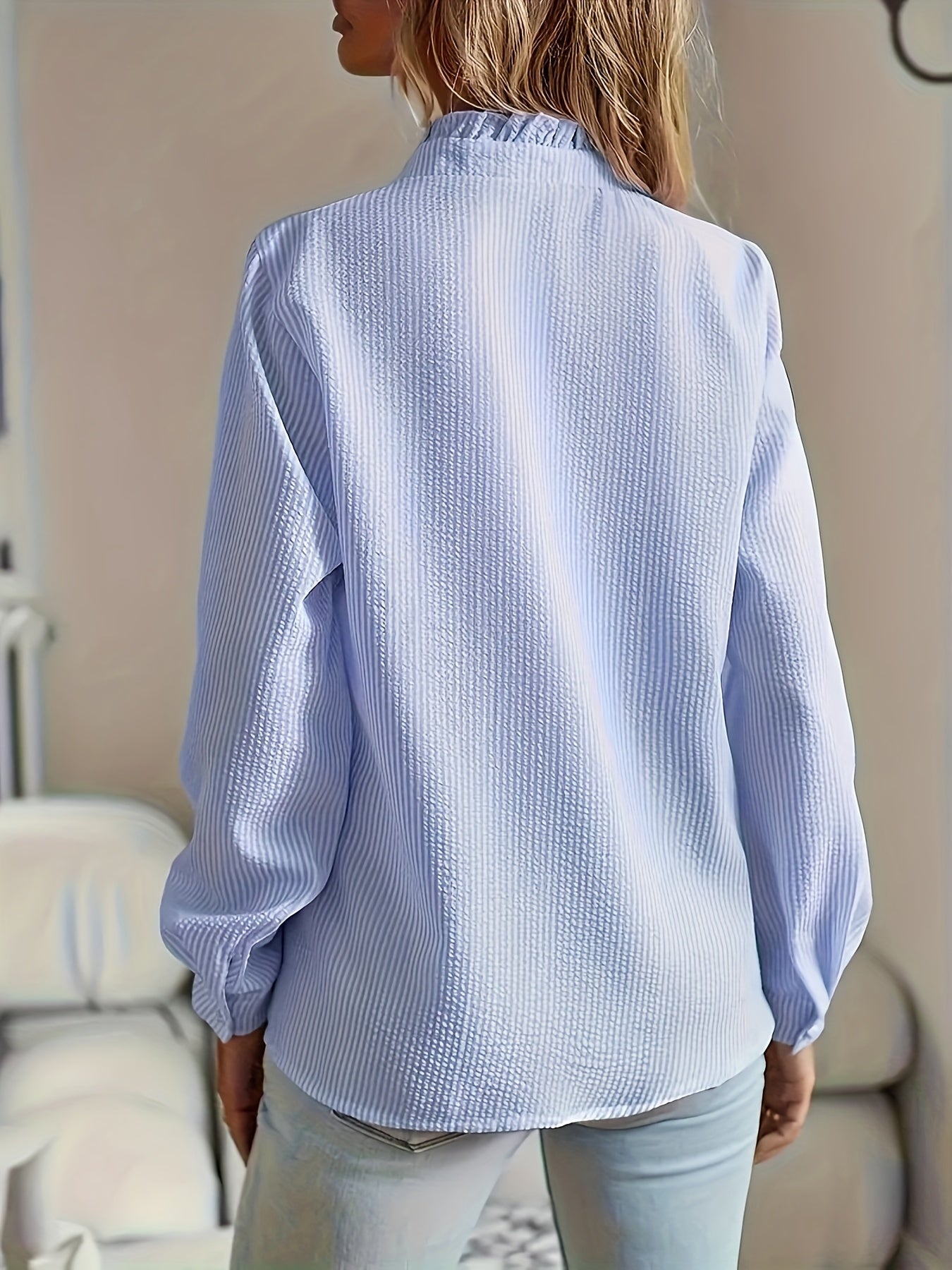 Striped Print Ruffle Trim Blouse, Elegant Long Sleeve Button Front Blouse For Spring & Fall, Women's Clothing