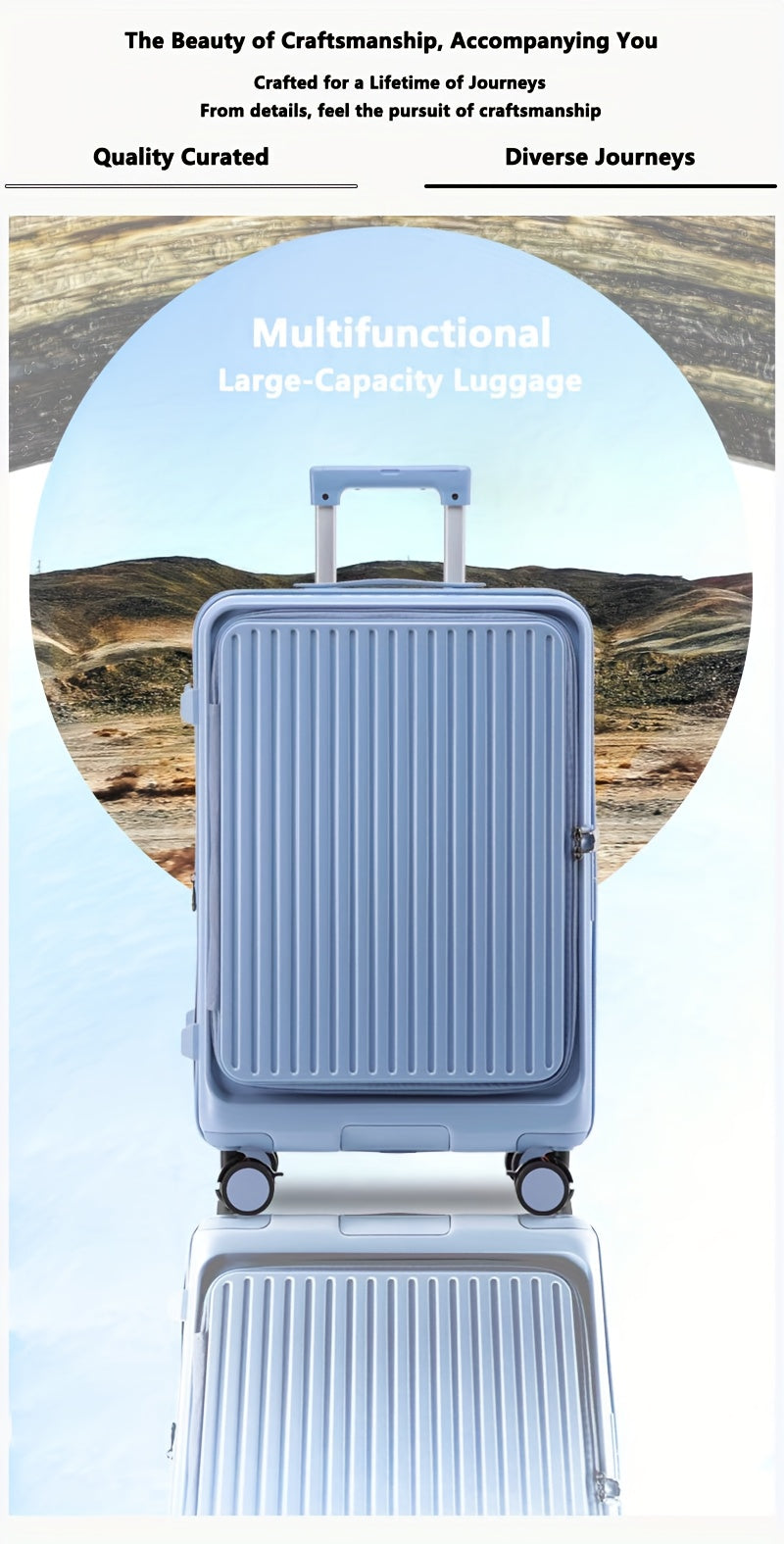 Hard Shell Spinner Luggage, Front Opening, Telescopic Handle, Durable ABS+PC Material, TSA Lock, Cup Holder, Shock Absorbing Wheels, Iron Pull Handle, No Electricity Required, No Print, for Travel