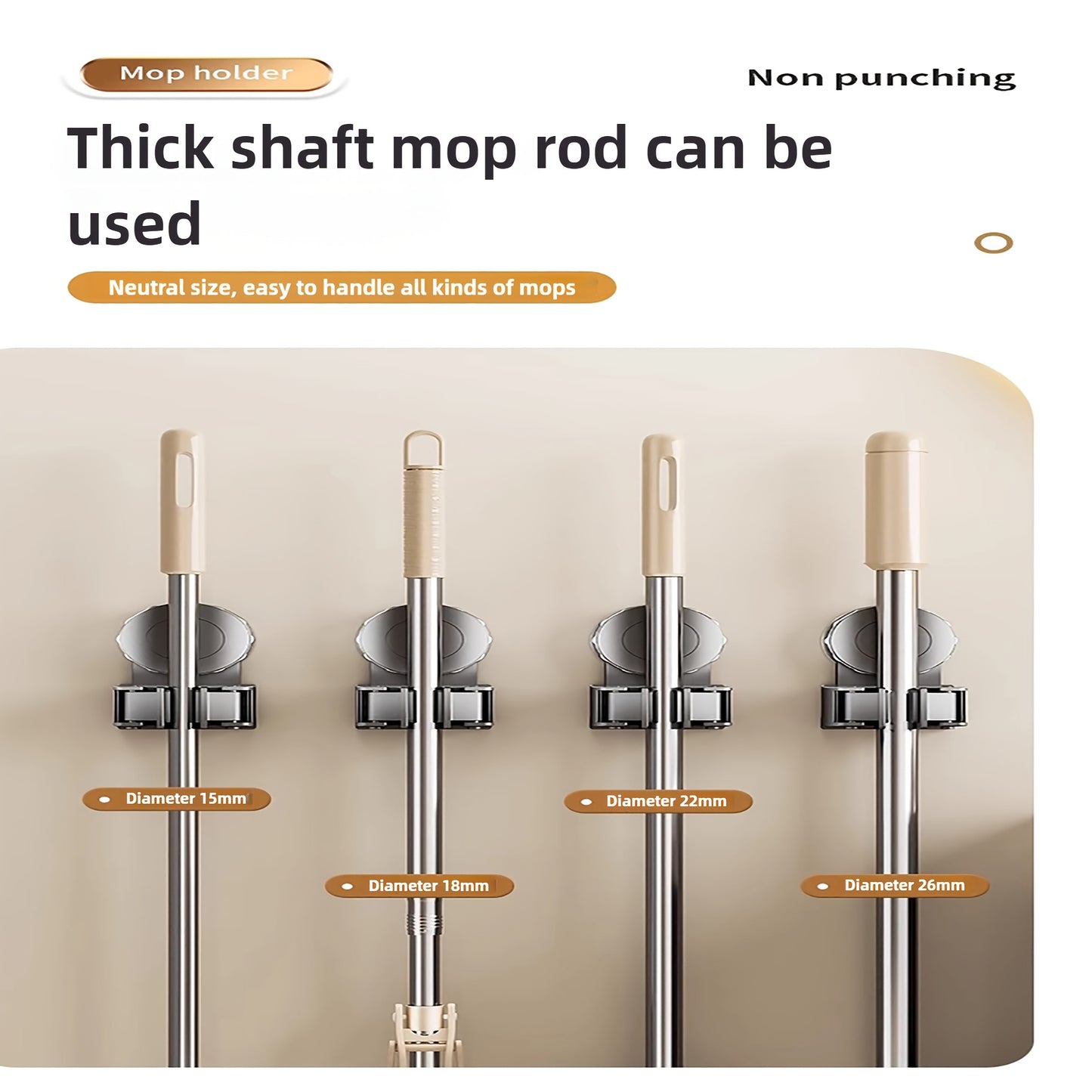Strong Suction Cup Mop Holder Hooks, No-Drill Installation, Heavy-Duty ABS Wall Mounted Organizer for Bathroom & Kitchen, Ideal for Broom and Mop Storage, Broom Holder Wall Mount, Cleaning Tool Organizer
