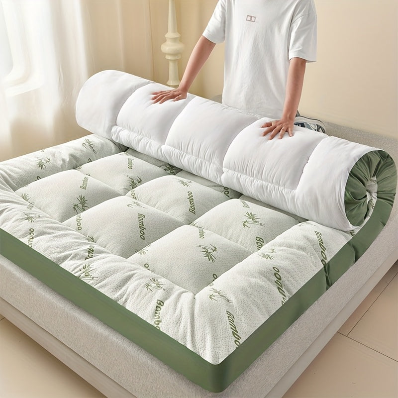 Ultra Soft King Size Mattress Topper - Bamboo Pillow Top Mattress Pad for Pressure Relief, Cooling & Breathable, Foldable Design, All-Size for Bedroom, Hotel, Dorm, Camping - Green Grey, Perfect Holiday Gift, Dorm Room Essent