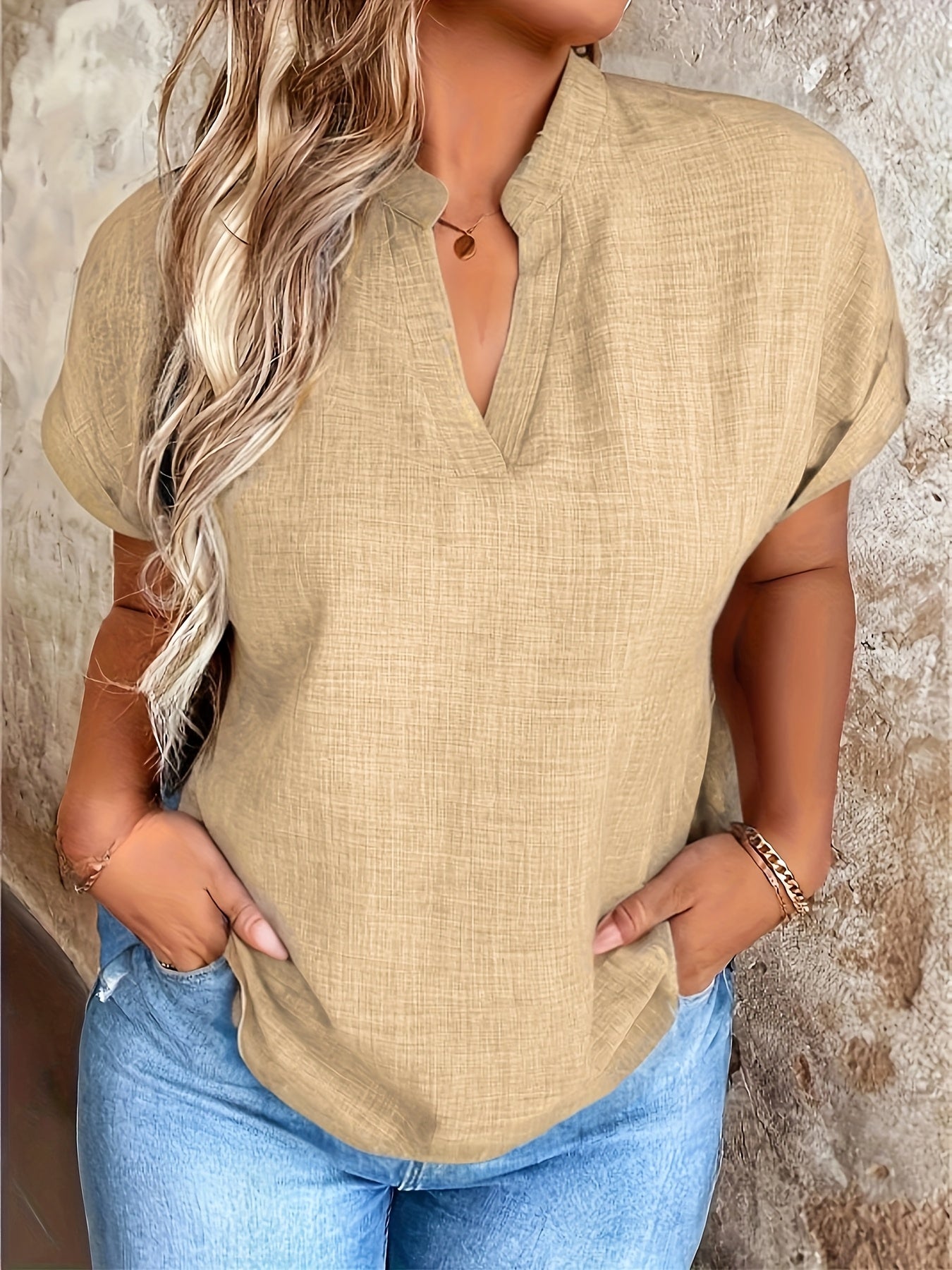 Women's Casual V-Neck Blouse with Small Stand-Up Collar - Vibrant Yellow Solid Color, Regular Fit, Machine Washable, Versatile for Spring Summer Fall, Seasonal Fashion Top, Sophisticated Casualwear, Lightweight Fabric, Everyd