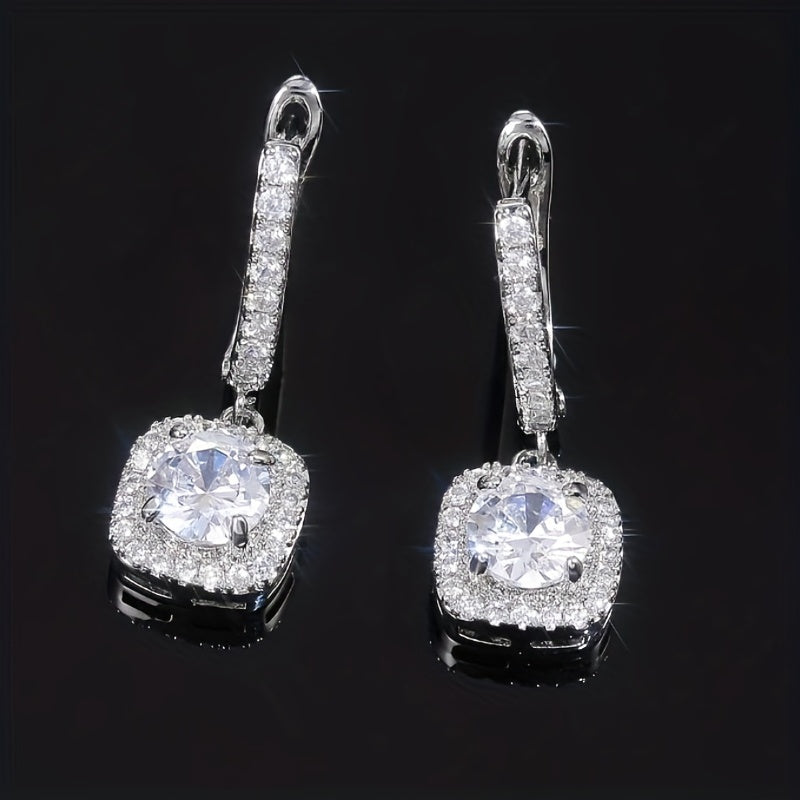 Sterling 925 Silver Ear Jewelry Square Shape Shiny zirconia Decor Dangle Earrings Luxury Style Banquet Party Ear Ornaments