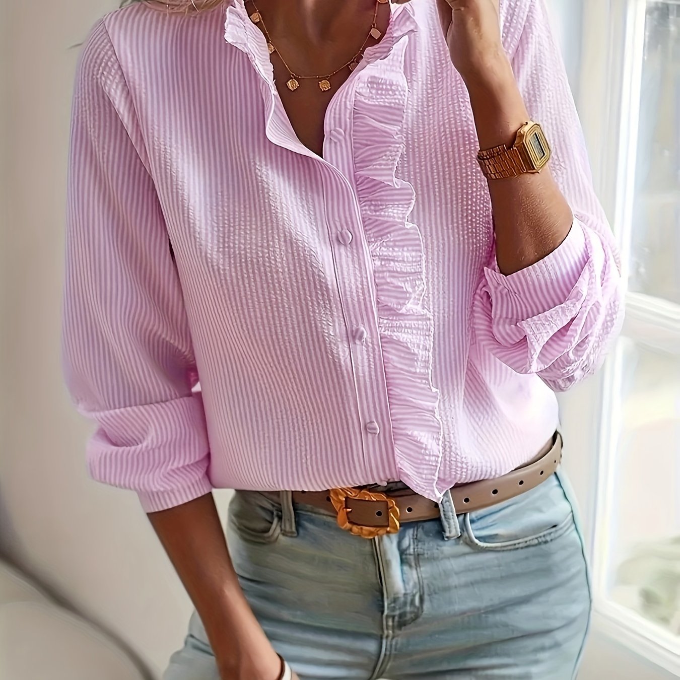 Striped Print Ruffle Trim Blouse, Elegant Long Sleeve Button Front Blouse For Spring & Fall, Women's Clothing