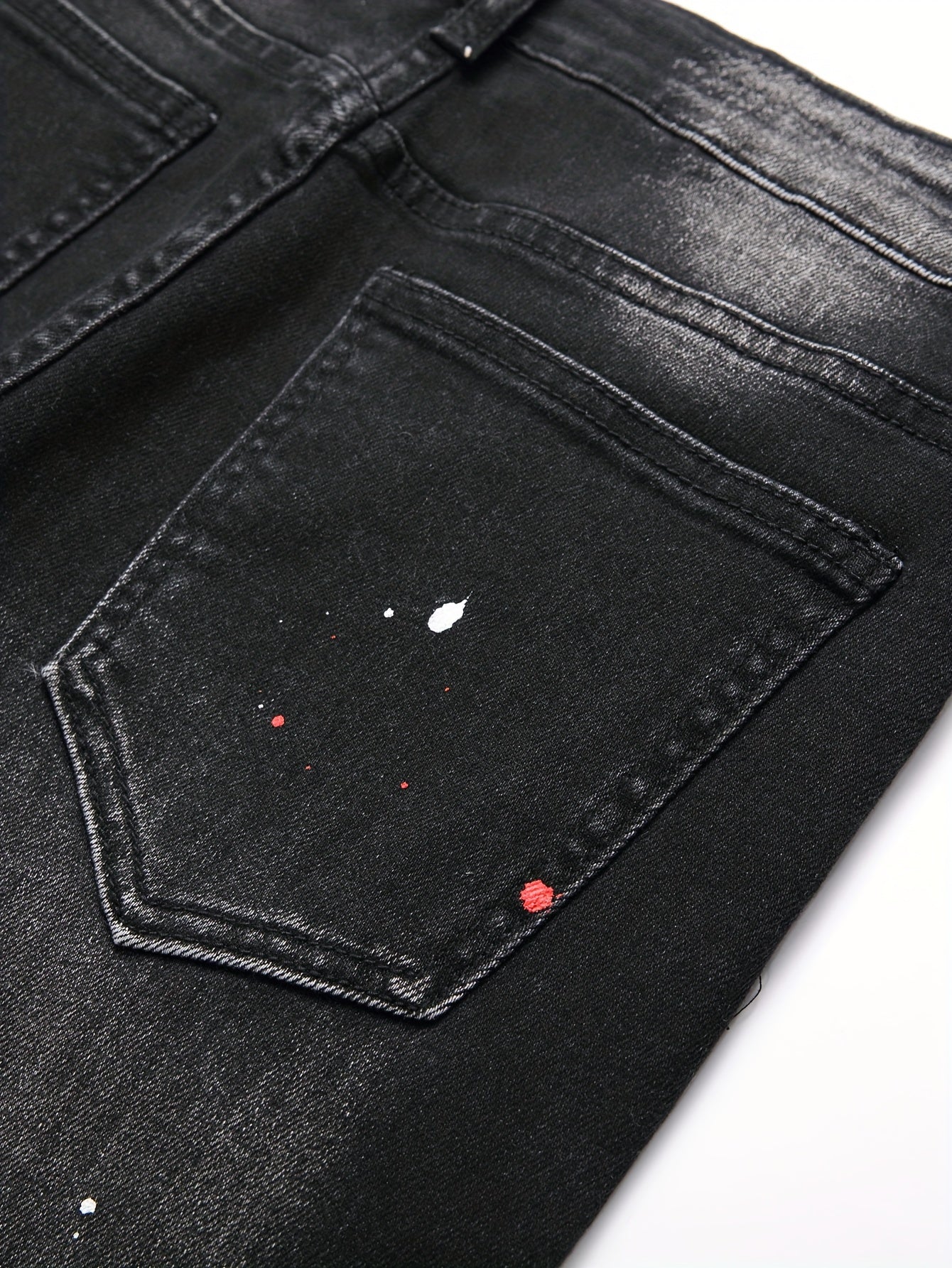 Patch Splatter Ripped Jeans, Men's Casual Street Style Distressed Slim Fit High Stretch Denim Pants For Spring Summer