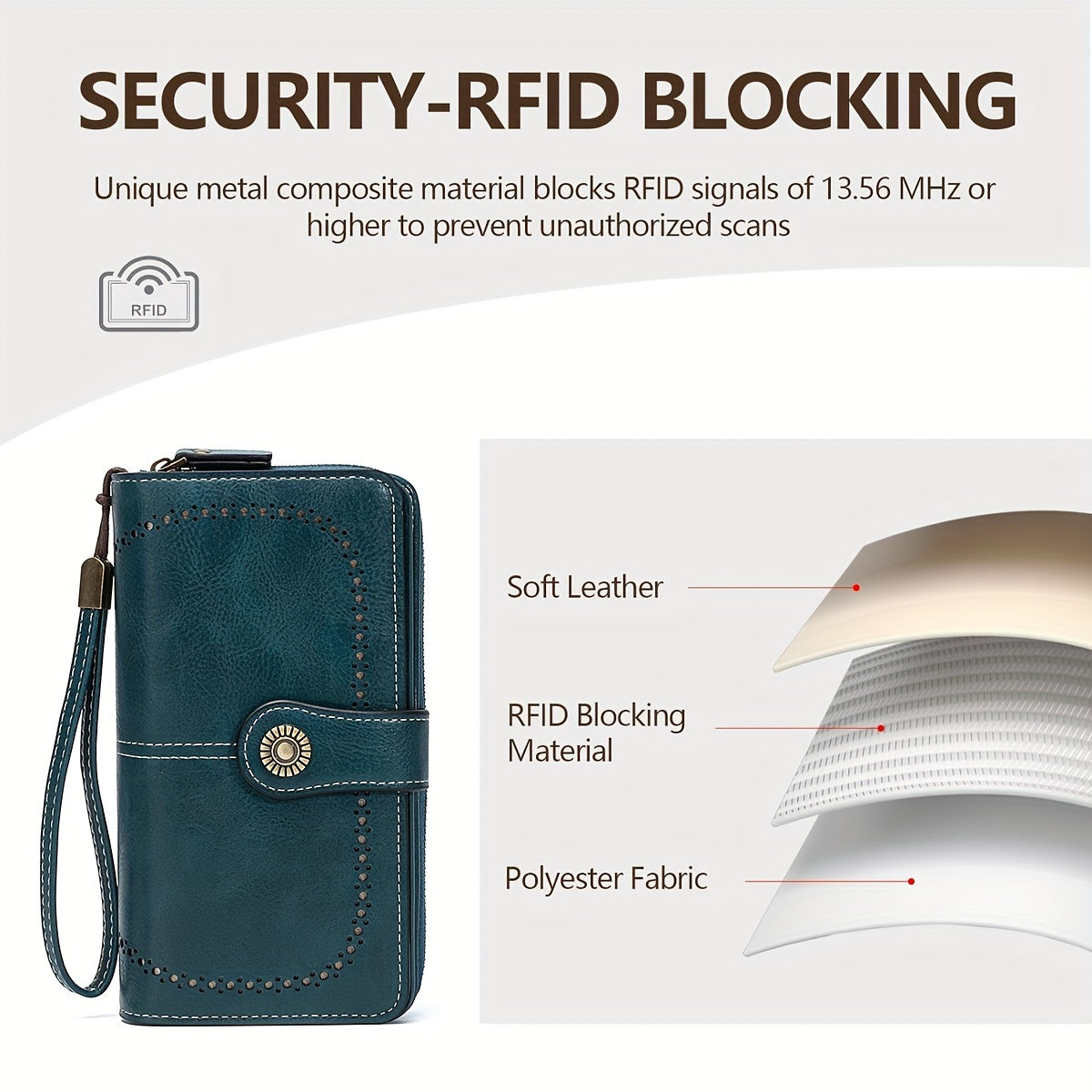 RFID Blocking Long Wallet With Wristlet, Retro Style Faux Leather Wallet With Multi Card Slots & Id Window