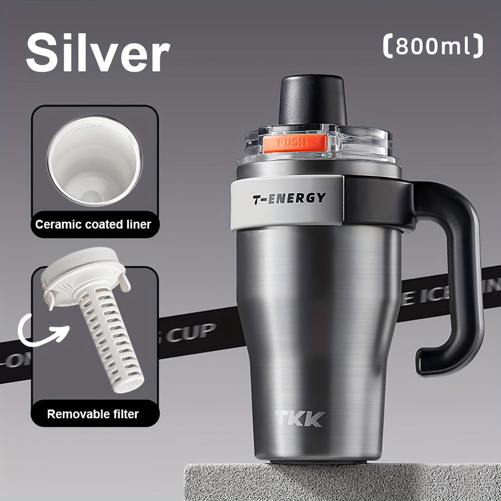 800ml/1200ml Large Capacity Ceramic Coating Liner Stainless Steel Cup Vacuum Keep Warm Cold Mug Cup with Straw Lid Handle for Coffee Coke Carbonated Beverages Ice Leakproof for School Office Outdoor Yoga sports, Travel Coffee