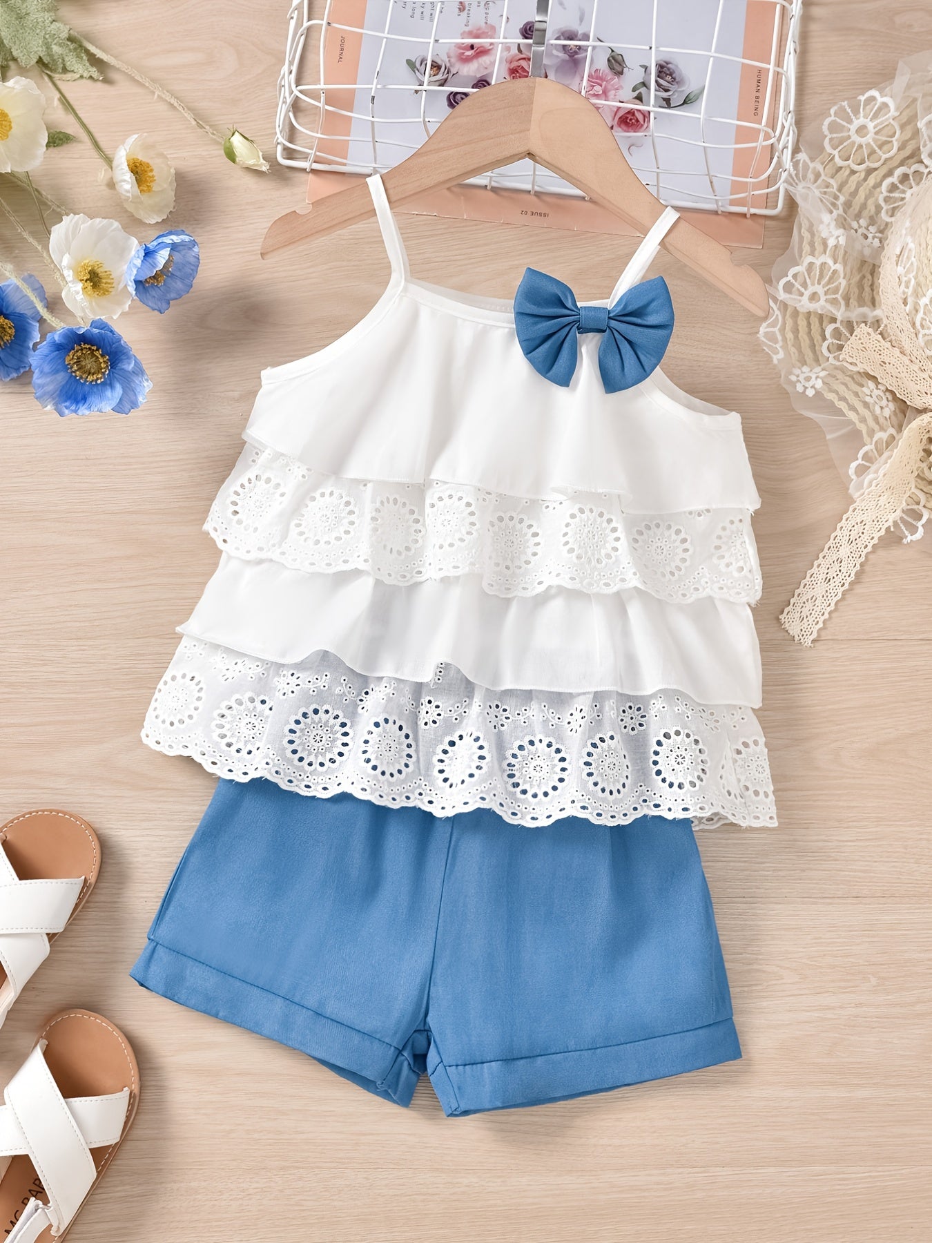 Cute Ruffle Lace Top & Check Shorts Two-Piece Set - White Blouse with Yellow Bow, Yellow & White Gingham Shorts, Perfect for Spring/Summer, Casual Playwear|Ruffle Detail Top|Nonstretch Fabric, for Outdoor