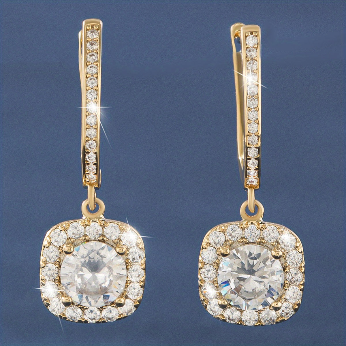 Square Shiny Zircon Decor Luxury Dangle Earrings Copper 14K Gold Plated Jewelry Exquisite Female Gift