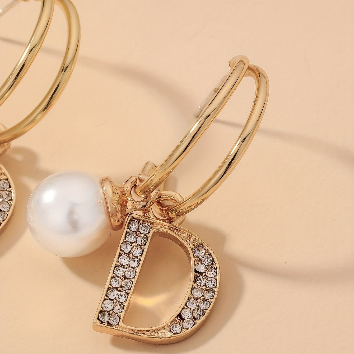 Hollow Letter D Design With Shiny Rhinestone Faux Pearl Decor Golden Dangle Earrings Japanese/ Korean Style Alloy Jewelry Female Gift