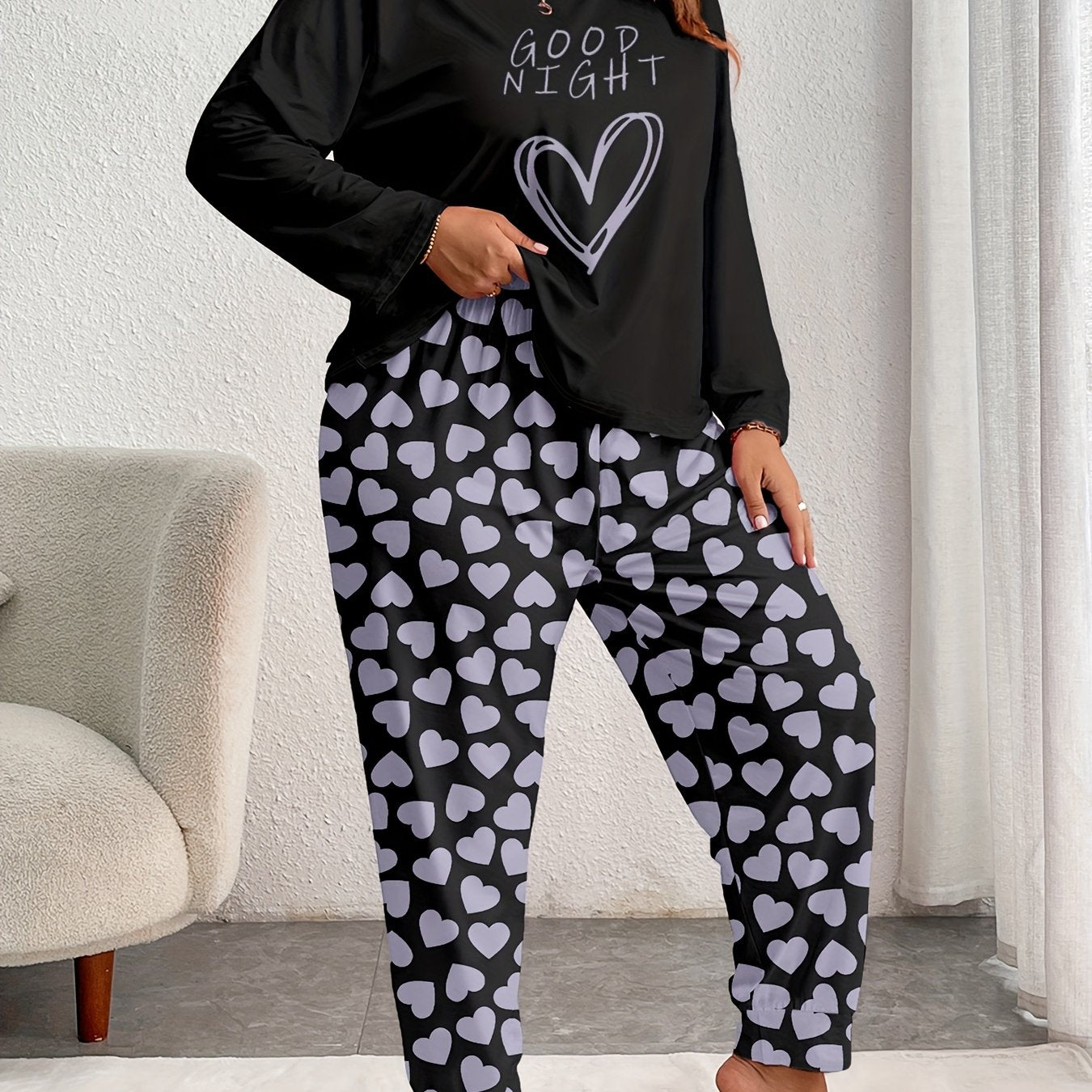 Women's Comfort Plus Size Heart Print Pajama Set - Long Sleeve and Pants, Soft Polyester Loungewear, Machine Washable, Autumn, Oversized, Heart Pattern, Long Sleeve Sleepwear Set